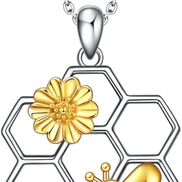 Sterling Silver Bee Necklace Honeycomb Pendant Adjustable Chain Jewelry Gifts - Picture 1 of 7